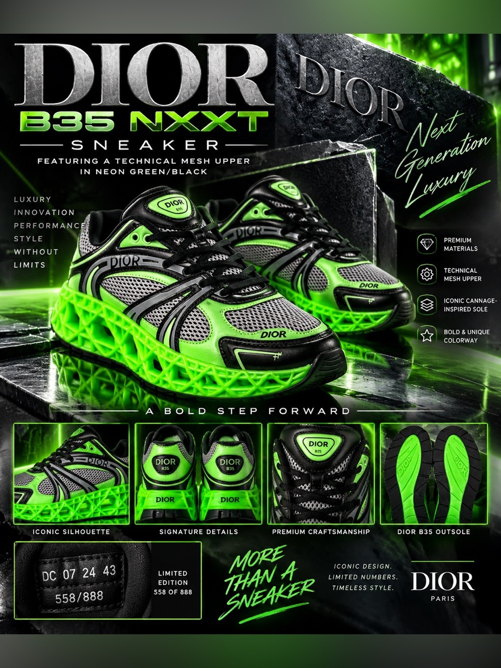 Dior B35 NXXT Sneaker, featuring a technical mesh upper in Neon Green/Black!🔥